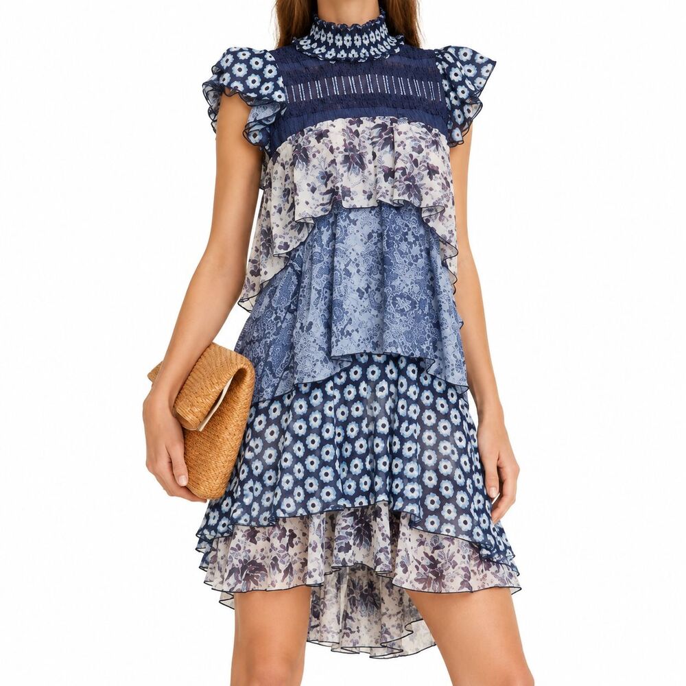 Diane von Furstenberg Matilda Dress 0 Multicolor Floral Silk Tiered Ruffle DVF
